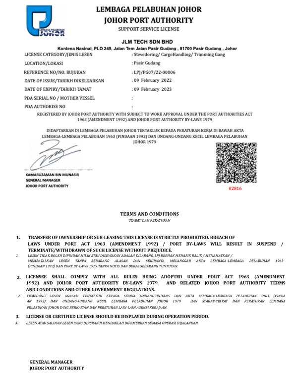 LPJ Stevedoring Certificate - JLM Tech Sdn Bhd | Johor Bahru Structure & Piping Fabrication| Boiler Project | Steel Structured Work | Chemical Plant Maintenance Work | Afloat Repair & Marine Work | Cleaning & Desludging Work